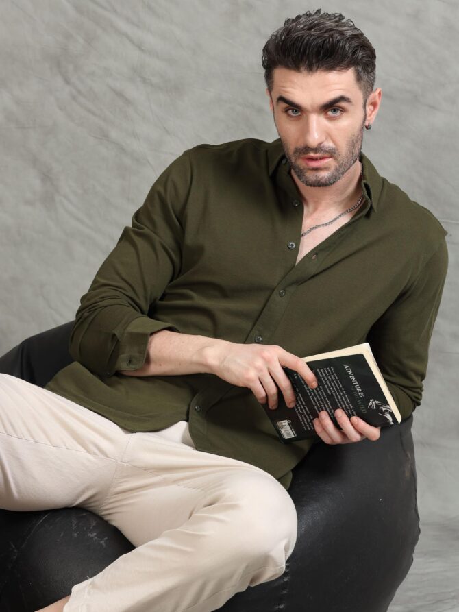 StitchX Solid Shirt for Men Cotton Full Sleeves Regular Fit Plain Mens Shirts Spread Collar Stylish Casual Shirts for Mens Comfortable Fashionable Office Party Casual Wear Mens Shirt Olive Green L - Image 2