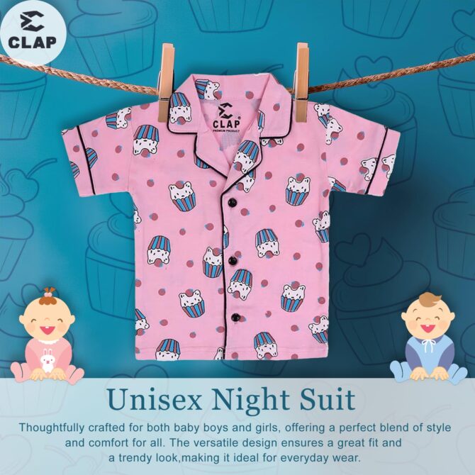 CLAP Kids Cotton Printed Half Sleeves Night Suit (2-3 Years, Pink.IC) - Image 4
