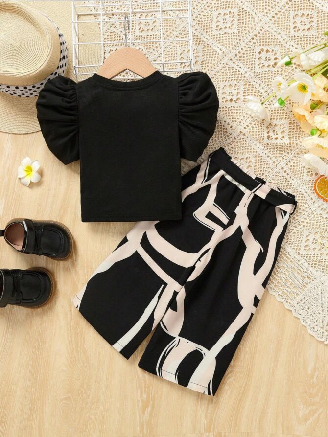 TAGAS Girl Summer Casual Top Puff Sleeve and Printed Long Pants 2pcs Outfit || Two-Piece Set FOR GIRLS || girls dress ||Clothing Set for girls || fansy dress for girls ||(GTP-59) - Image 5