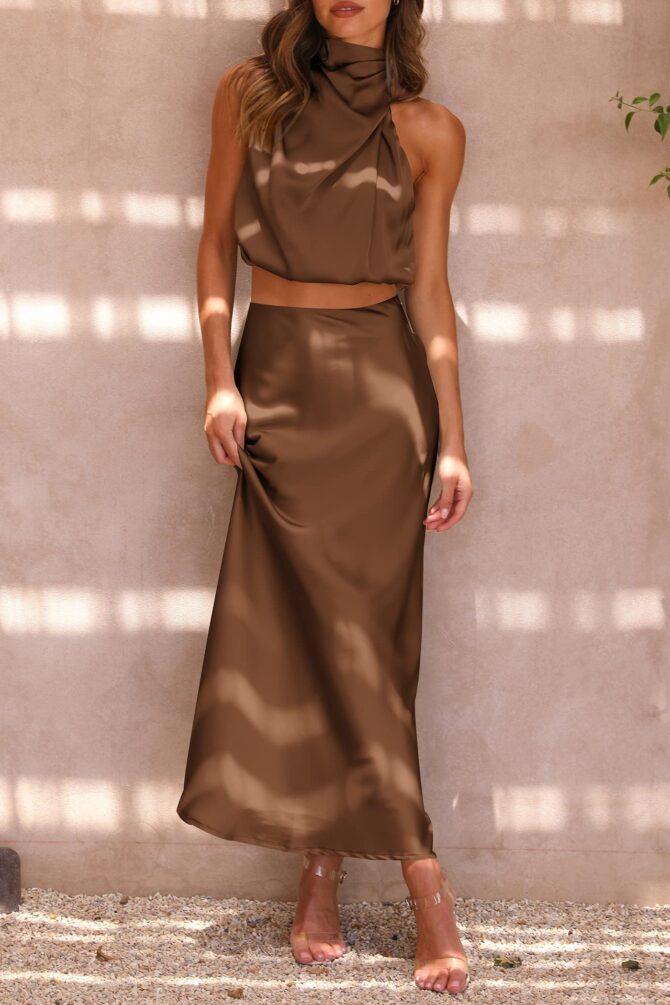PRETTYGARDEN Women's 2 Piece Satin Outfits Summer Sleeveless Mock Neck Crop Tops And Long Skirt Dress Sets, Khaki, Small - Image 9