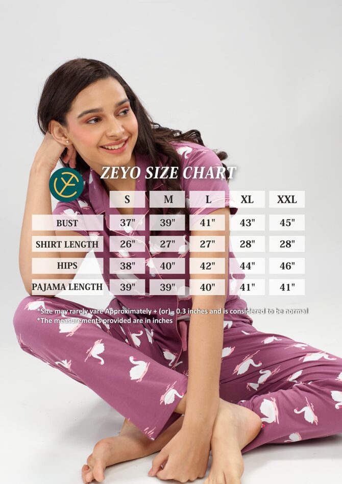 ZEYO Women's Cotton Swan Printed Dark Mauve Stylish Night Suit Pajama Set of Shirt & Pyjama 5611 - Image 3