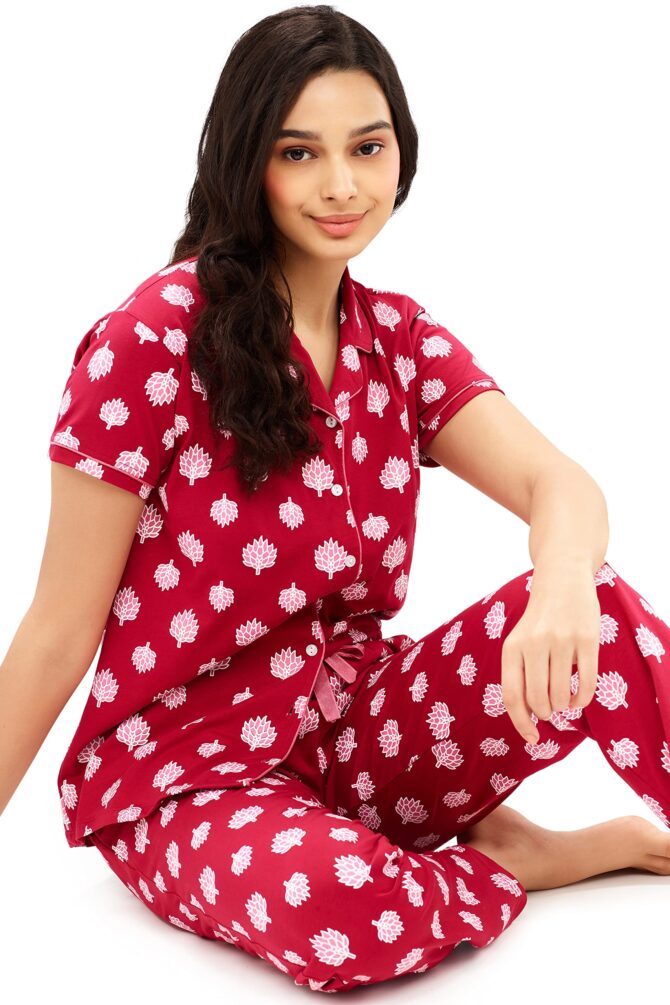 ZEYO Women's Red Cotton Leaf Printed Stylish Night Suit Set of Shirt & Pyjama 5610 - Image 6