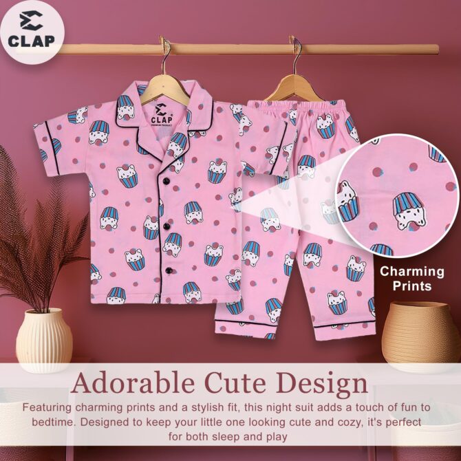 CLAP Kids Cotton Printed Half Sleeves Night Suit (2-3 Years, Pink.IC) - Image 6