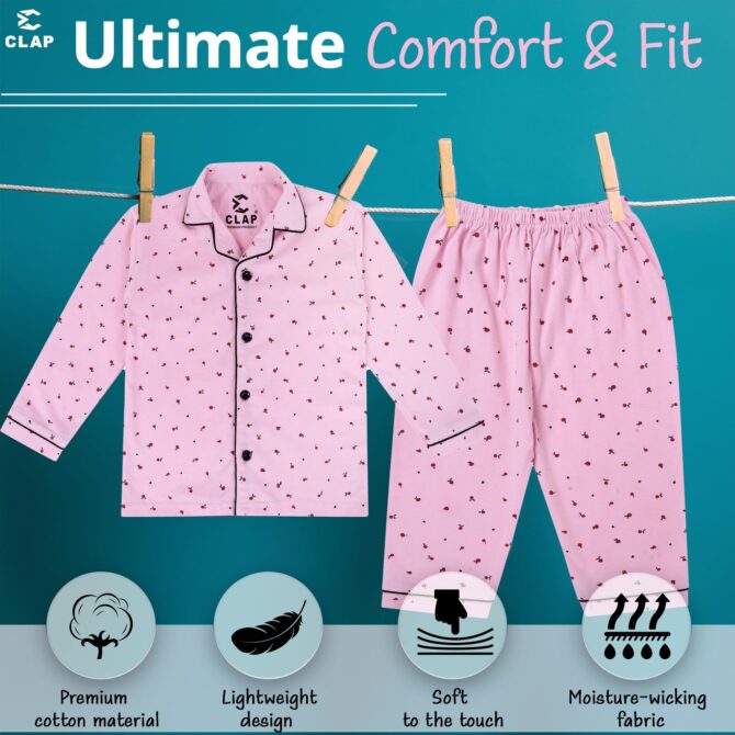 CLAP Kids Cotton Printed Full Sleeves Night Suit (Pink.Cherry, 3-4 Years) - Image 2