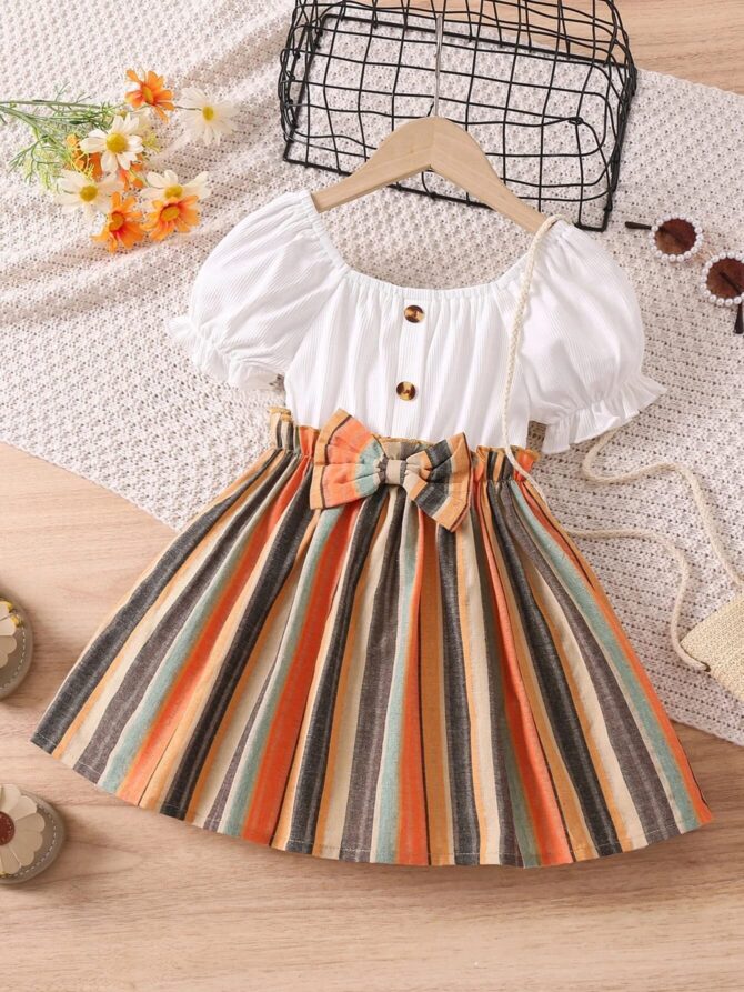 TAGAS Girls Polycotton Baby-Girl's Mario Rib A-Line Knee-Length Casual Dress (Kd-202_Orange_5-6 Years) - Image 6