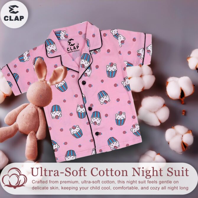 CLAP Kids Cotton Printed Half Sleeves Night Suit (2-3 Years, Pink.IC) - Image 3