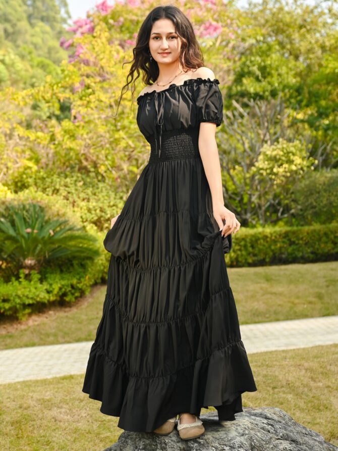Zhitunemi Renaissance Costume Women Medieval Chemise Dress Peasant Tops Irish Under Dress Black-S - Image 4