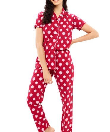 ZEYO Women's Red Cotton Leaf Printed Stylish Night Suit Set of Shirt & Pyjama 5610