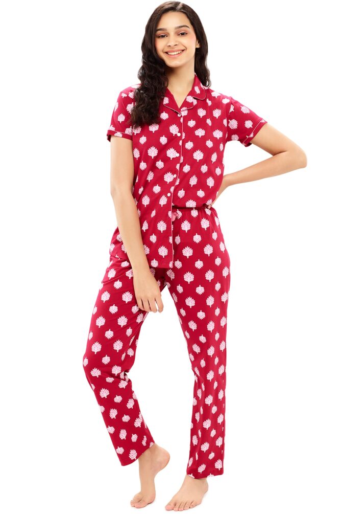 ZEYO Women's Red Cotton Leaf Printed Stylish Night Suit Set of Shirt & Pyjama 5610