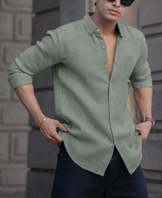 Men's Solid Linen Cotton Shirt | Casual | Plain | Full Sleeve | Summer-Regular Fit| Men Stylish Shirt | Everyday Formal Wear (in, Alpha, L, Regular, Grey) - Image 2