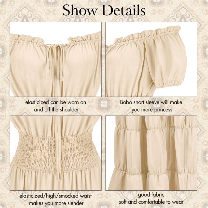 Renaissance Costume Women Medieval Chemise Dress Peasant Tops Irish Under Dress Beige-XS - Image 3