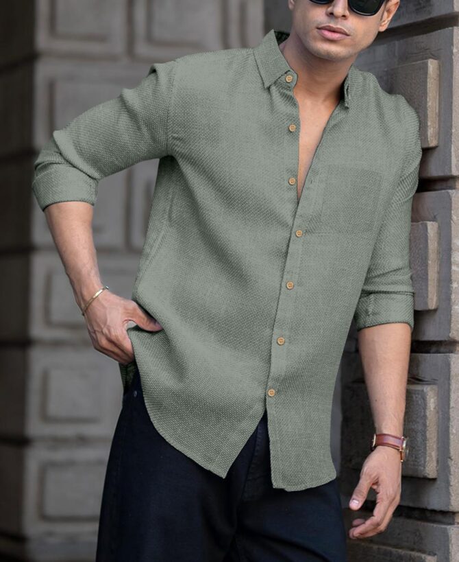 Men's Solid Linen Cotton Shirt | Casual | Plain | Full Sleeve | Summer-Regular Fit| Men Stylish Shirt | Everyday Formal Wear (in, Alpha, L, Regular, Grey) - Image 3