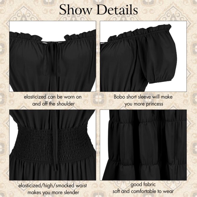 Zhitunemi Renaissance Costume Women Medieval Chemise Dress Peasant Tops Irish Under Dress Black-S - Image 5
