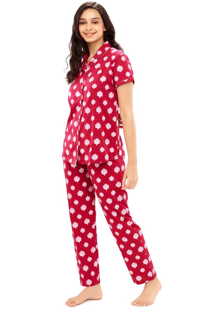 ZEYO Women's Red Cotton Leaf Printed Stylish Night Suit Set of Shirt & Pyjama 5610 - Image 4