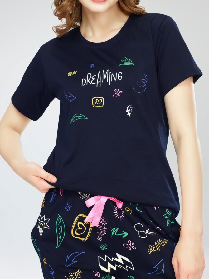 ZEYO Night Suit for Women's Navy Blue Printed Cotton Night Dress of Top and Pajama Set 5774 - Image 7