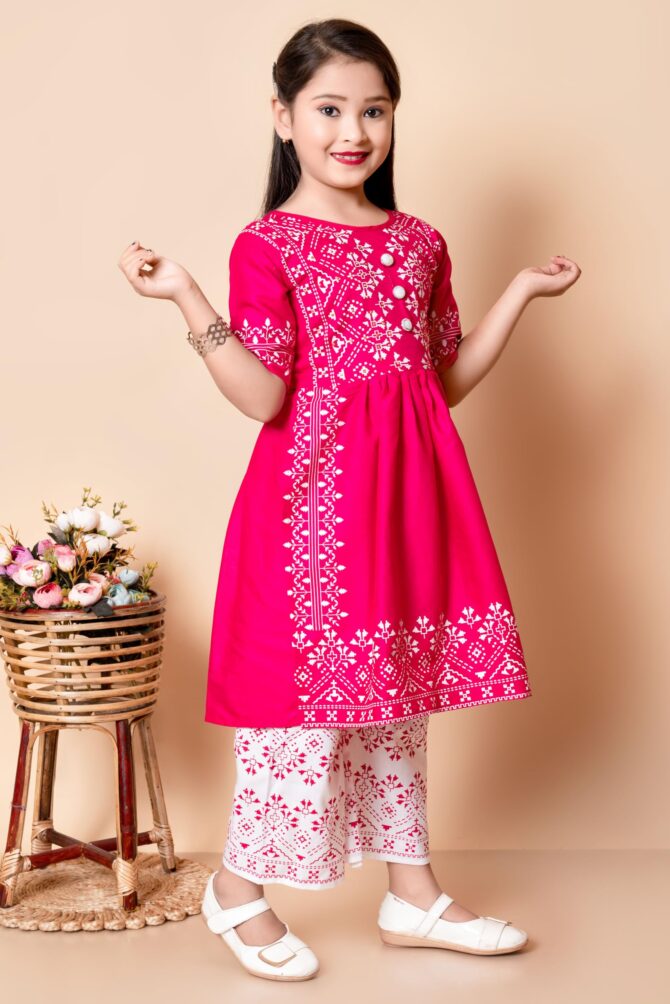 Badshah New Dresses Cotton Blend Casual Printed Short Sleeves Long Kurta And Pallazzo Set For Girls Kids (Pink) - Image 3