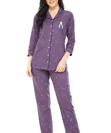 ZEYO Women's Cotton Bear Printed Purple Night Suit Set of Shirt & Pyjama 5270