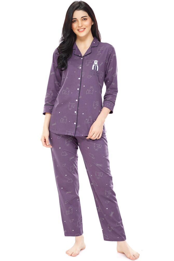 ZEYO Women's Cotton Bear Printed Purple Night Suit Set of Shirt & Pyjama 5270