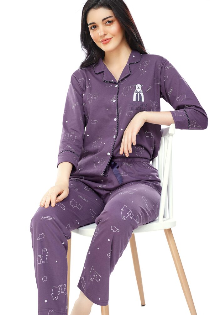 ZEYO Women's Cotton Bear Printed Purple Night Suit Set of Shirt & Pyjama 5270 - Image 4