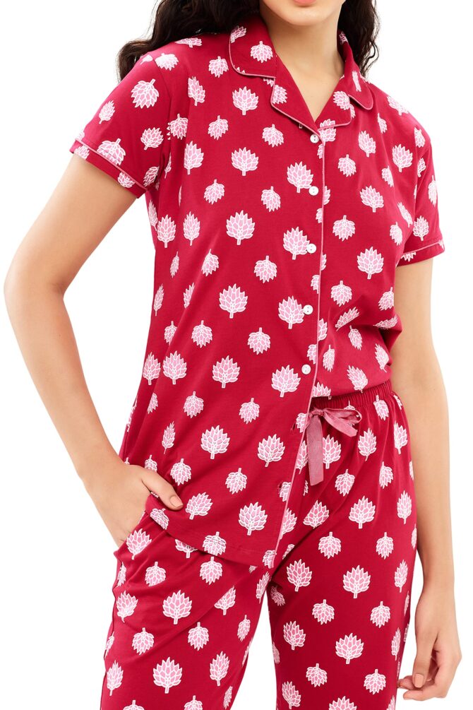 ZEYO Women's Red Cotton Leaf Printed Stylish Night Suit Set of Shirt & Pyjama 5610 - Image 7