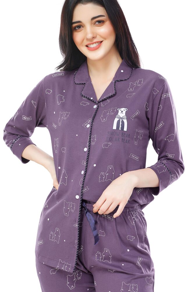 ZEYO Women's Cotton Bear Printed Purple Night Suit Set of Shirt & Pyjama 5270 - Image 7
