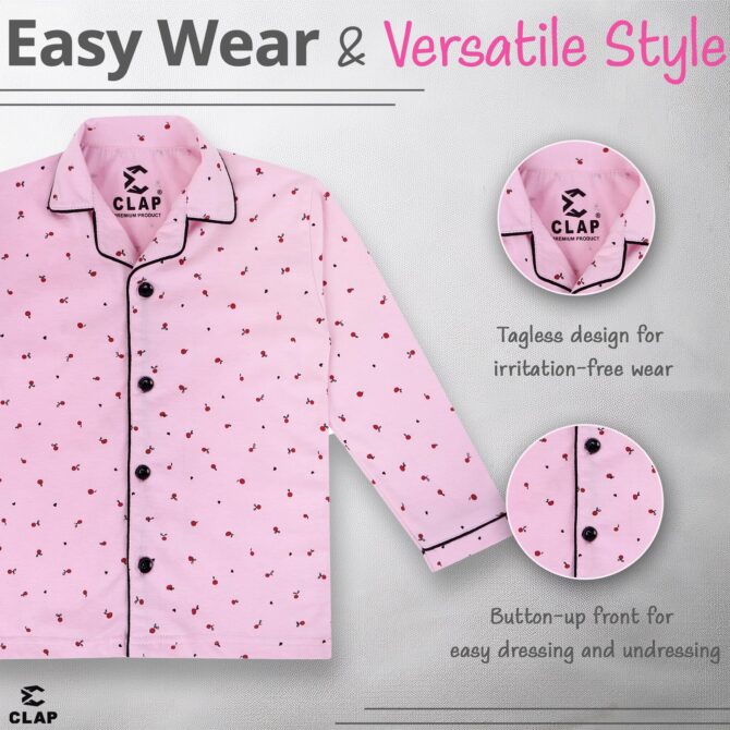 CLAP Kids Cotton Printed Full Sleeves Night Suit (Pink.Cherry, 3-4 Years) - Image 5