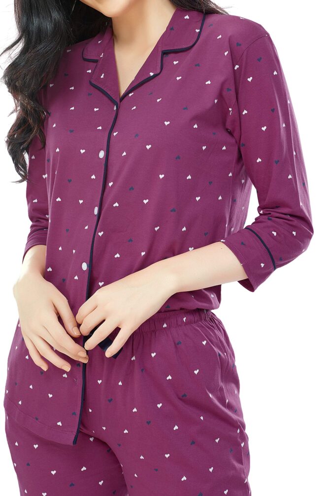 ZEYO Women's Cotton Heart Printed Wine Night Suit Shirt & Pajama Set 5276 (Medium) - Image 7