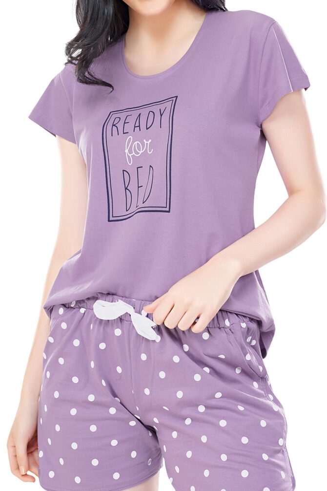 ZEYO Women's Cotton Dot Printed Purple Night Suit Set Of Top & Shorts 5226, Pajama Set - Image 7