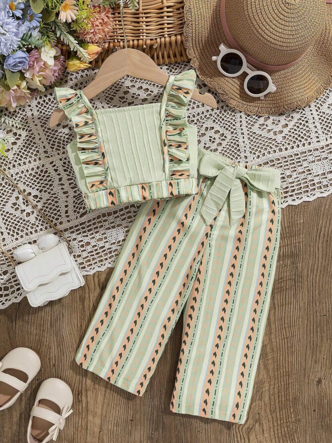 TAGAS Polyester Girl Summer Casual Top Puff Sleeve And Printed Long Pants 2Pcs Outfit || Two-Piece Set FOR GIRLS ||GIRLS Clothing Set||(GTP-70), Pista Green, 9 Years-10 Years - Image 6