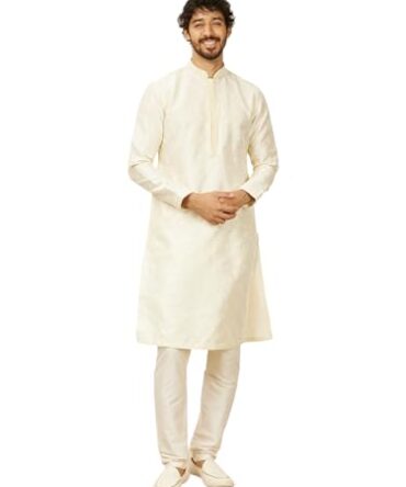 Manyavar Cream Art Silk Embroidery|Sequin Work Kurta Jacket Pyjama Set for Men