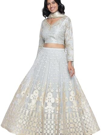 Wishful Women's Sky Blue Solid Printed Chandari Silk Flared Blouse, Skirt and Dupatta Set (Size: XXL)-SP12574-223341