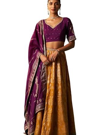 Wishful Women's Purple Embroidered Chanderi Jacquard Blouse with Flared Skirt and Dupatta Set (SP13161-314465-L)