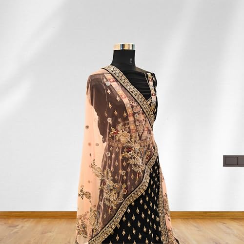 Women's designer semi stitched black & peach lehenga choli and dupatta set embellished with embroidery & sequins work - Image 5