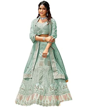 FUSIONIC Turquoise Color Velvet Material Stone And Dori Work Lehenga For Women