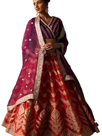 Wishful Women's Purple Zari Embroidered Jacquard Blouse with Flared Skirt and Dupatta Set (SP12839-314426-S)