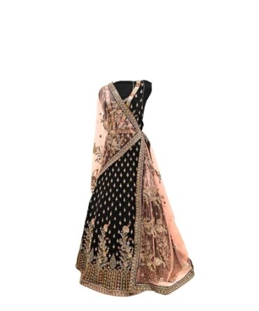 Women's designer semi stitched black & peach lehenga choli and dupatta set embellished with embroidery & sequins work