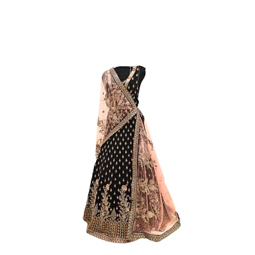 Women's designer semi stitched black & peach lehenga choli and dupatta set embellished with embroidery & sequins work