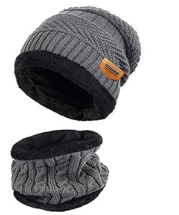 SKMP CREATION Winter Woolen Cap, Neck Warmer Scarf Woolen Beanie Cap with Fur Inside for Men and Women Grey
