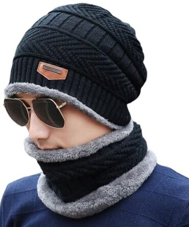 Unox Winter Cap for Man, Beanie Winter Cap Men | Muffler for Men & Women | Woolen Topaa| Ear Muffs, Ear Cover and Neck Warmer (Free Size, Black Color)