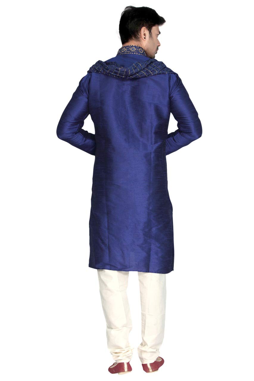 MKP9007 Blue and Ivory Men's Kurta Pyjama Indian Suit Bollywood Sherwani, Blue, 40 - Image 3