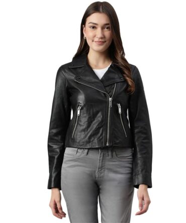 Woods Women Leather Solid Regular Jacket | Black | XL | GLJC04000401A004