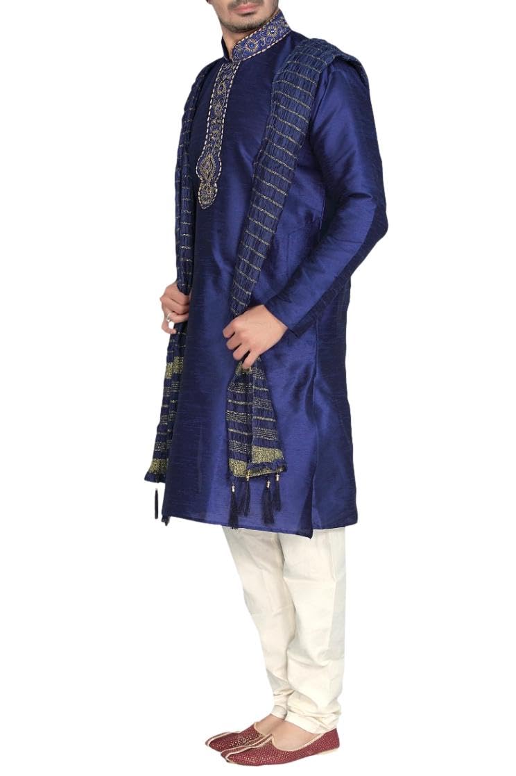 MKP9007 Blue and Ivory Men's Kurta Pyjama Indian Suit Bollywood Sherwani, Blue, 40 - Image 5