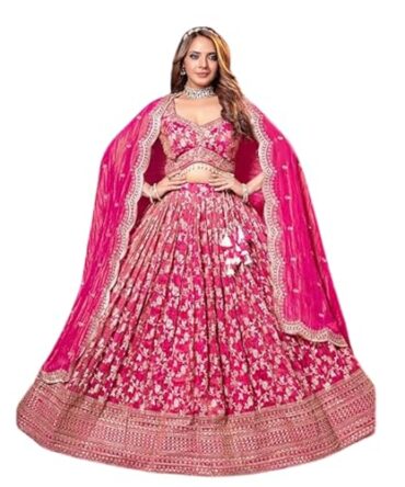 Adhia Silk Wedding Lehenga Choli With Dupatta Set Adhia Banarasi Silk Wedding Lehenga Choli with Dupatta – Zari, Sequins & Beads Embellished Pink
