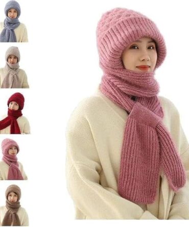 ShopBridge 2 in 1 Windproof Scarf with Cap Integrated Ear Guard Hat Plus Velvet, Winter Warm Soft Knitted Beanie Hats Scarf- Woolen Lovely Muffler Fur Cap Stylish Headwear for Women & Girls