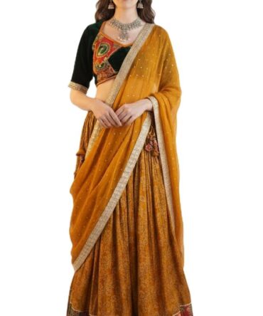 Designer Women's Lehenga Choli Set with Embroidered Blouse, Mustard banarasi lehenga