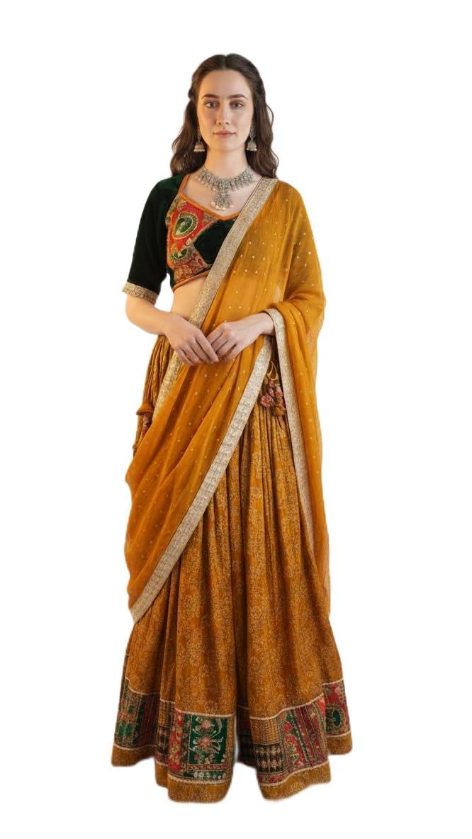 Designer Women's Lehenga Choli Set with Embroidered Blouse, Mustard banarasi lehenga