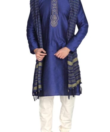 MKP9007 Blue and Ivory Men's Kurta Pyjama Indian Suit Bollywood Sherwani, Blue, 40