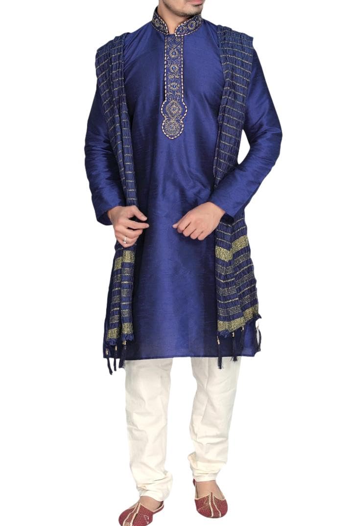 MKP9007 Blue and Ivory Men's Kurta Pyjama Indian Suit Bollywood Sherwani, Blue, 40