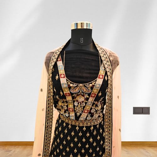 Women's designer semi stitched black & peach lehenga choli and dupatta set embellished with embroidery & sequins work - Image 4
