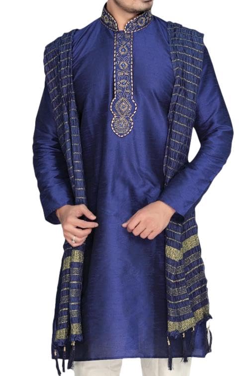 MKP9007 Blue and Ivory Men's Kurta Pyjama Indian Suit Bollywood Sherwani, Blue, 40 - Image 4
